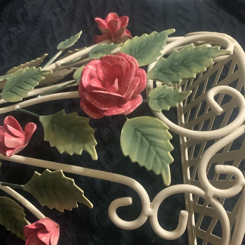 Vintage Shabby Chic Tole Ware Rose Metal Shelf Chippy Texture 13.5 x 16.5 inches